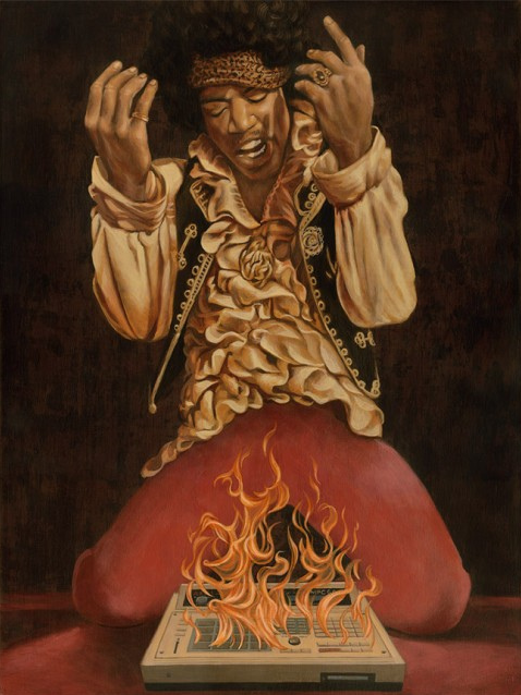 Acrylic on wood depicts a person with curly hair, wearing a headband and ruffled shirt, kneeling over a burning guitar on stage with intensity like Casey Weldons style.