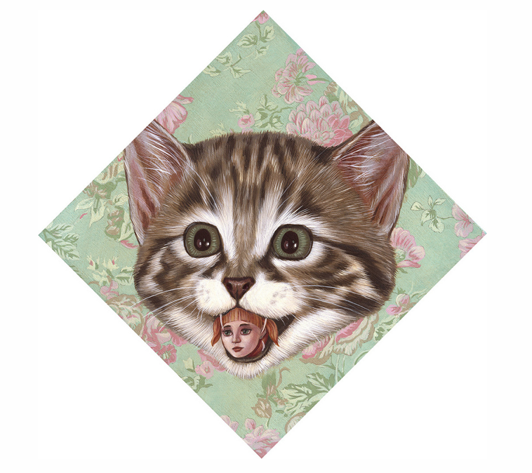 Casey Weldons acrylic on wood painting, showcased at Spoke Art Gallery, depicts a large cat head with a tiny human face underneath. The background features vibrant green and pink floral patterns, adding depth to this unique piece.