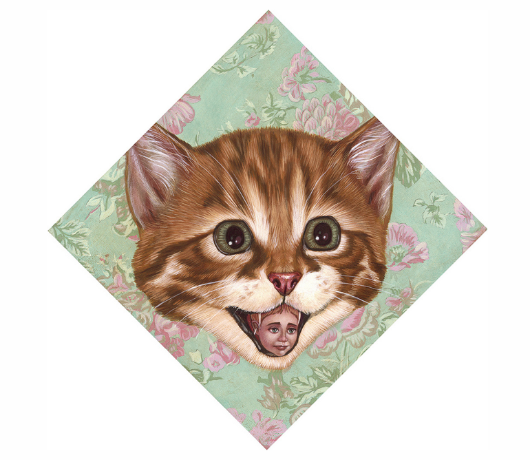 This surreal artwork by Casey Weldon features a large cats face with wide eyes set against a floral background. Inside, the upper half of a human head creates an unusual and whimsical touch, perfectly capturing a sense of quirky humor.