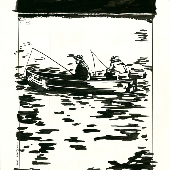 A Tim Doyle-style black and white illustration depicts two people fishing from a small boat on a tranquil water body. The scene features water reflections and a distant land outline.