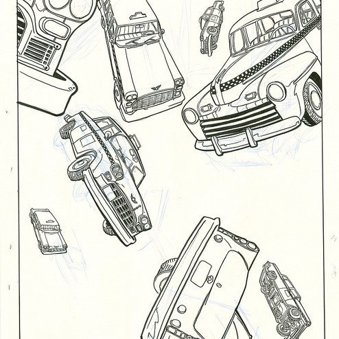 Tim Doyles pen and ink artwork features classic car and truck line illustrations, including Taxi Magic cabs, on a white background. Each vintage vehicle highlights unique perspectives and intricate details in true Tim Doyle style.