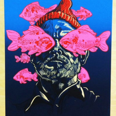 This signed and numbered screen print by Tim Doyle illustrates a man in a red beanie with pink fish swimming around his face against a blue background, covering his eyes to create a surreal visual effect.