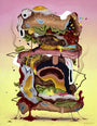 Sean Norvet crafted a surreal burger painting for Bobs Burgers art show, featuring a face with dripping condiments, lettuce, sesame seed bun, and bacon. Its animated layers have exaggerated features in bright colors on a gradient background.