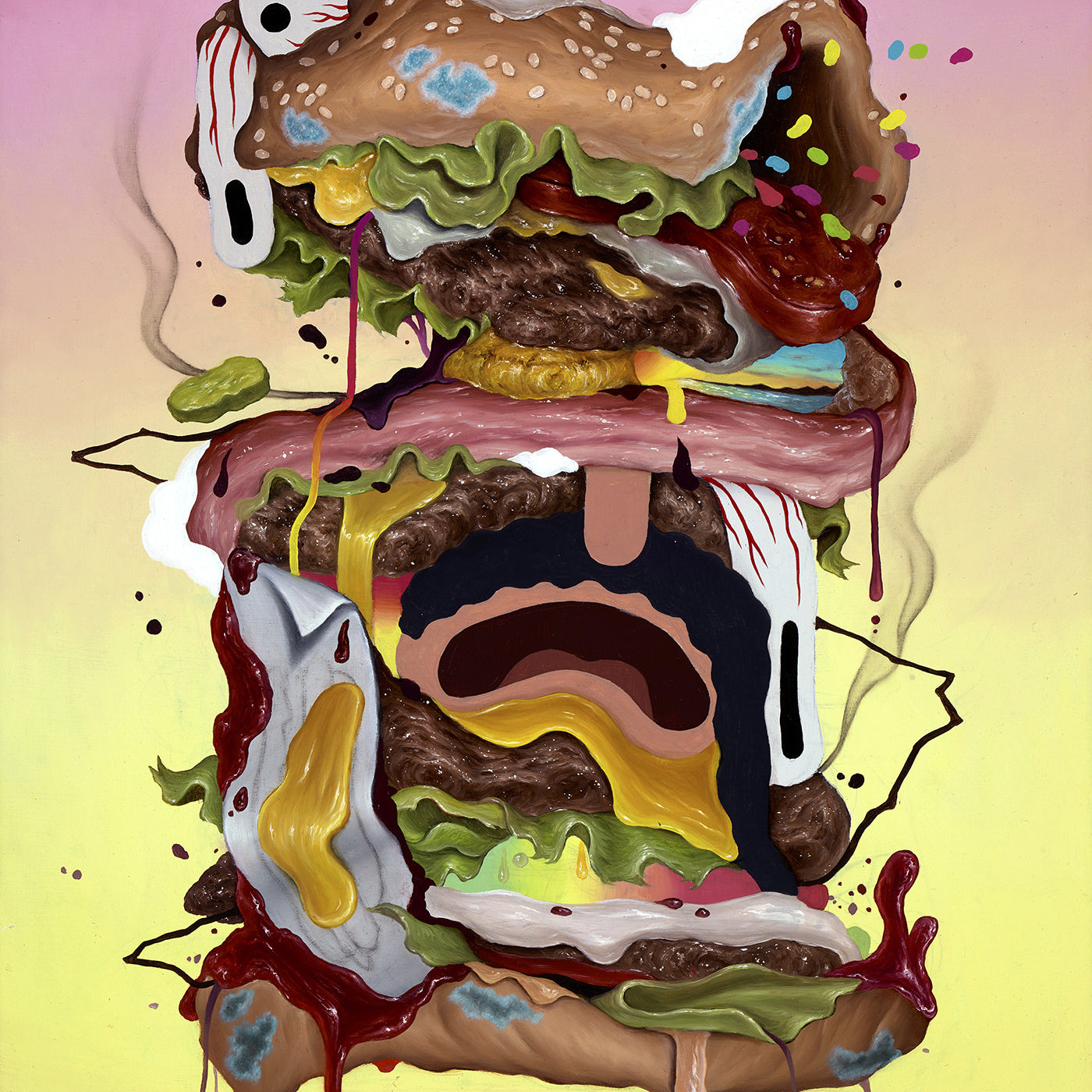Sean Norvet crafted a surreal burger painting for Bobs Burgers art show, featuring a face with dripping condiments, lettuce, sesame seed bun, and bacon. Its animated layers have exaggerated features in bright colors on a gradient background.