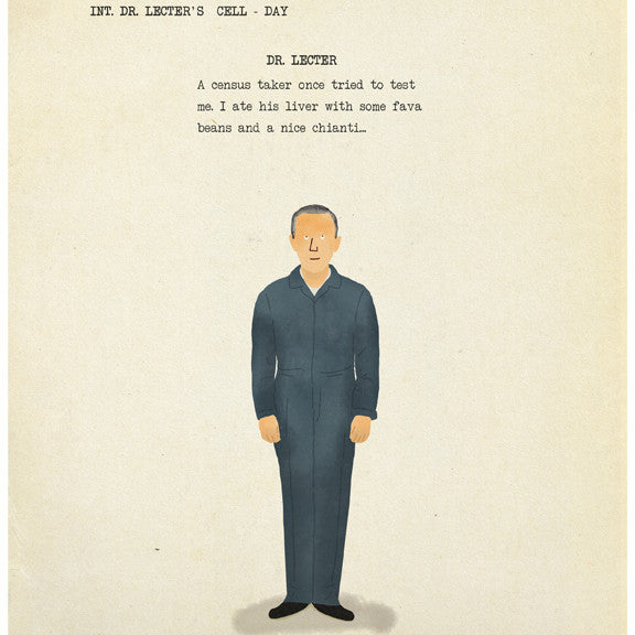 This Max Dalton fine art giclee print features an illustration of a man in a dark jumpsuit standing before script-style text: INT. DR. LECTERS CELL - DAY and DR. LECTER: A census taker once tried to test me... capturing the scenes chilling essence with meticulous detail.