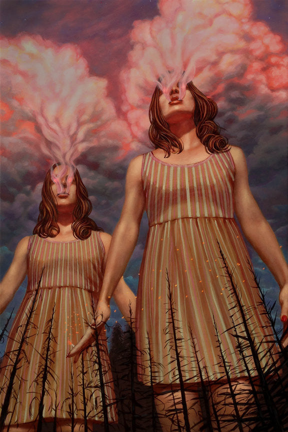Acrylic on wood artwork Smoke Show by Casey Weldon portrays two women in striped dresses, with smoke and clouds spiraling from their heads against a dramatic sky, framed by barren spiky trees, evoking a surreal and mysterious aura.