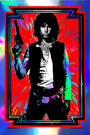 A stylized poster from Matt Dye features a figure in a retro Han Solo-esque outfit holding a gun. The background explodes with red and multicolor effects on rainbow foil paper, bordered by bold black and metallic edges for a vibrant visual impact.