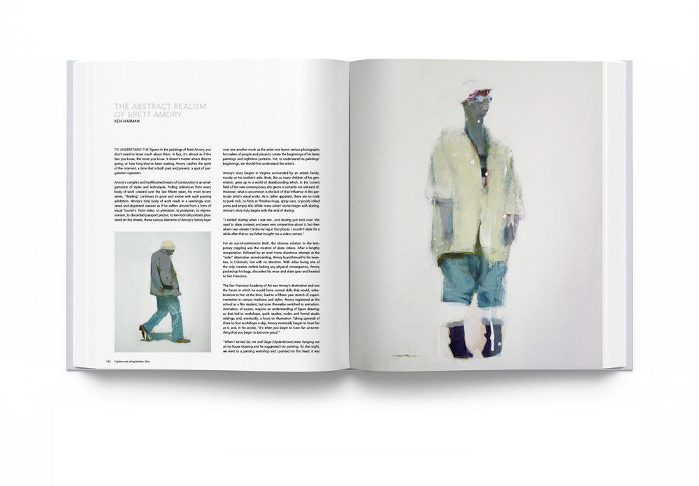 An open magazine resembles a coffee table book, featuring The Abstract Realism of Brett Amory. The left page shares insights and a small image, while the right page draws attention with a large, muted abstract painting by Brett Amory.