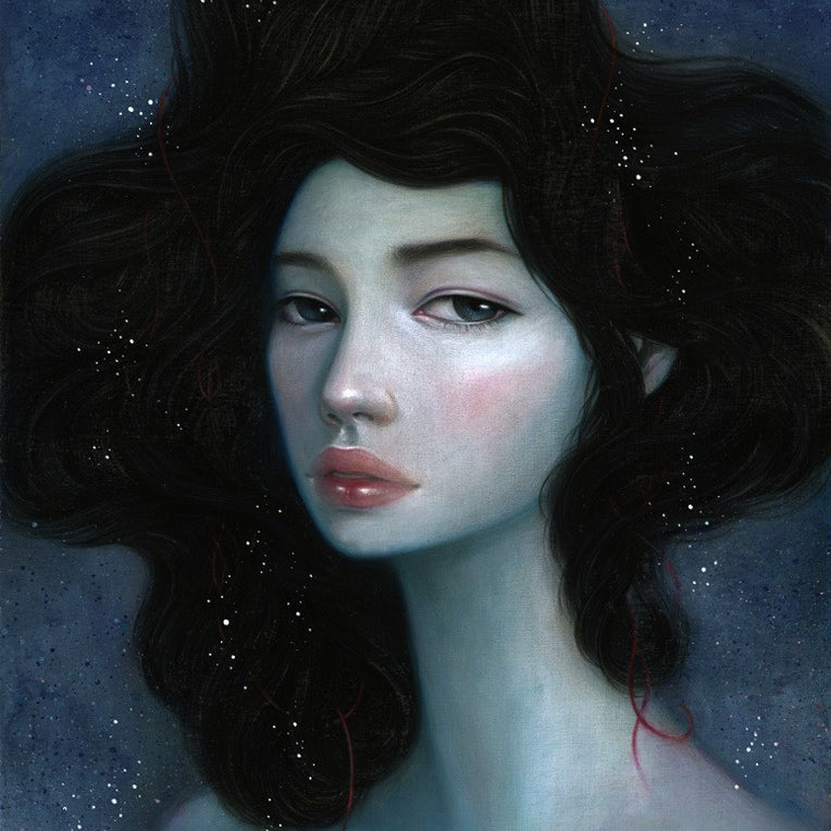 A painting of a woman with fair skin, full lips, and dark hair resembling a starry night evokes Stella Im Hultbergs style on acrylic and colored pencil birch panel against a deep blue backdrop.