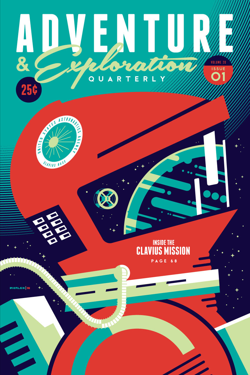 Tom Whalens illustrated Adventure & Exploration Quarterly magazine cover showcases a stylized astronaut helmet against a starry background. Discover the special screen print edition with an article on the Clavius mission on page 68, all for just 25 cents.