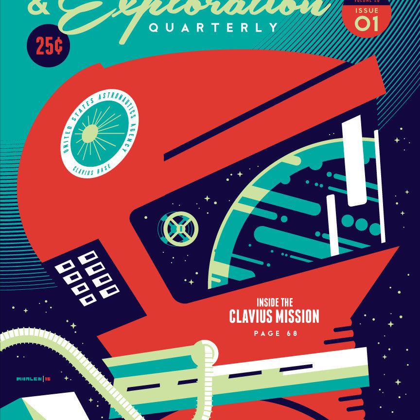 Tom Whalens illustrated Adventure & Exploration Quarterly magazine cover showcases a stylized astronaut helmet against a starry background. Discover the special screen print edition with an article on the Clavius mission on page 68, all for just 25 cents.