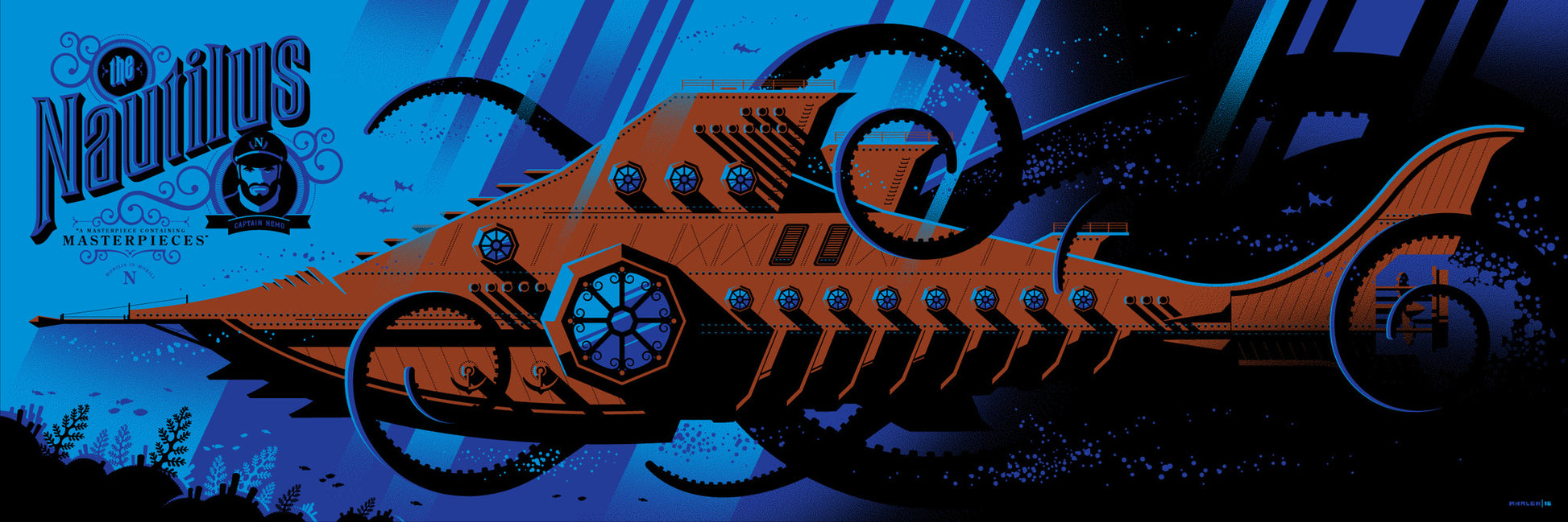Tom Whalens stylized futuristic submarine, Nautilus, features a prominent circular window with orange and blue hues and intricate details. It is surrounded by abstract sea elements and futuristic designs. Available as a limited edition screen print for custom framing.