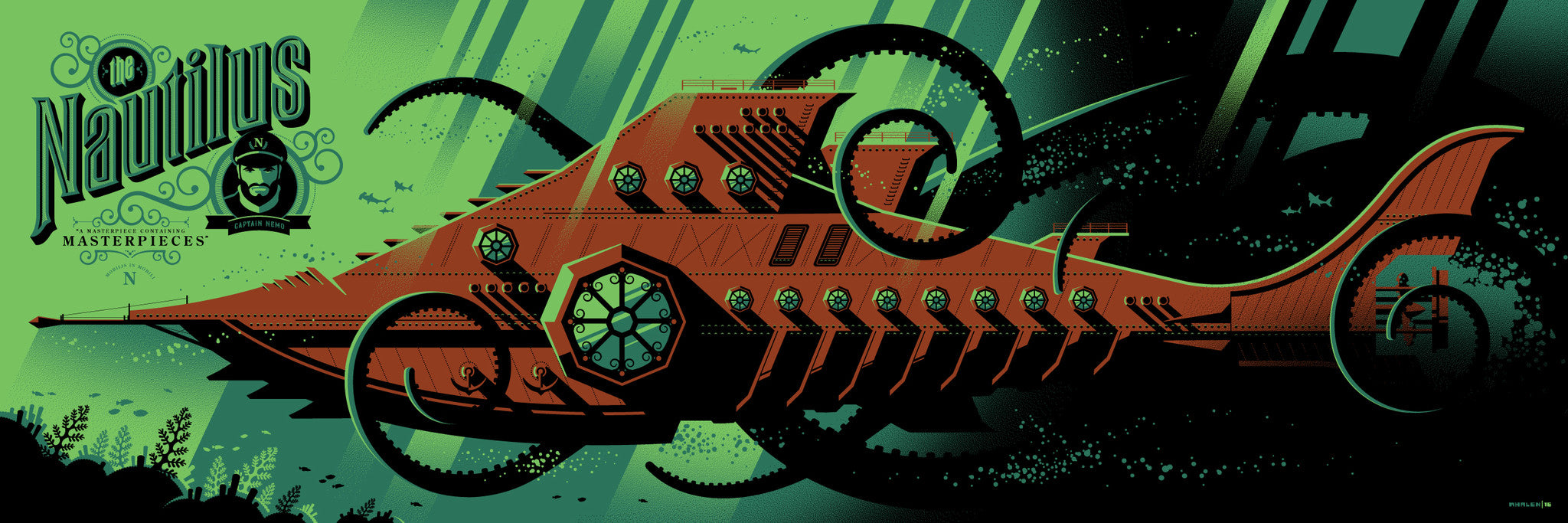Tom Whalens limited edition screen print features a stylized, retro-futuristic submarine, the Nautilus, in green and orange hues with tentacles against a deep-sea backdrop and marine life silhouettes. Text reads Mr. Nautilus Masterpieces. Custom framing available.