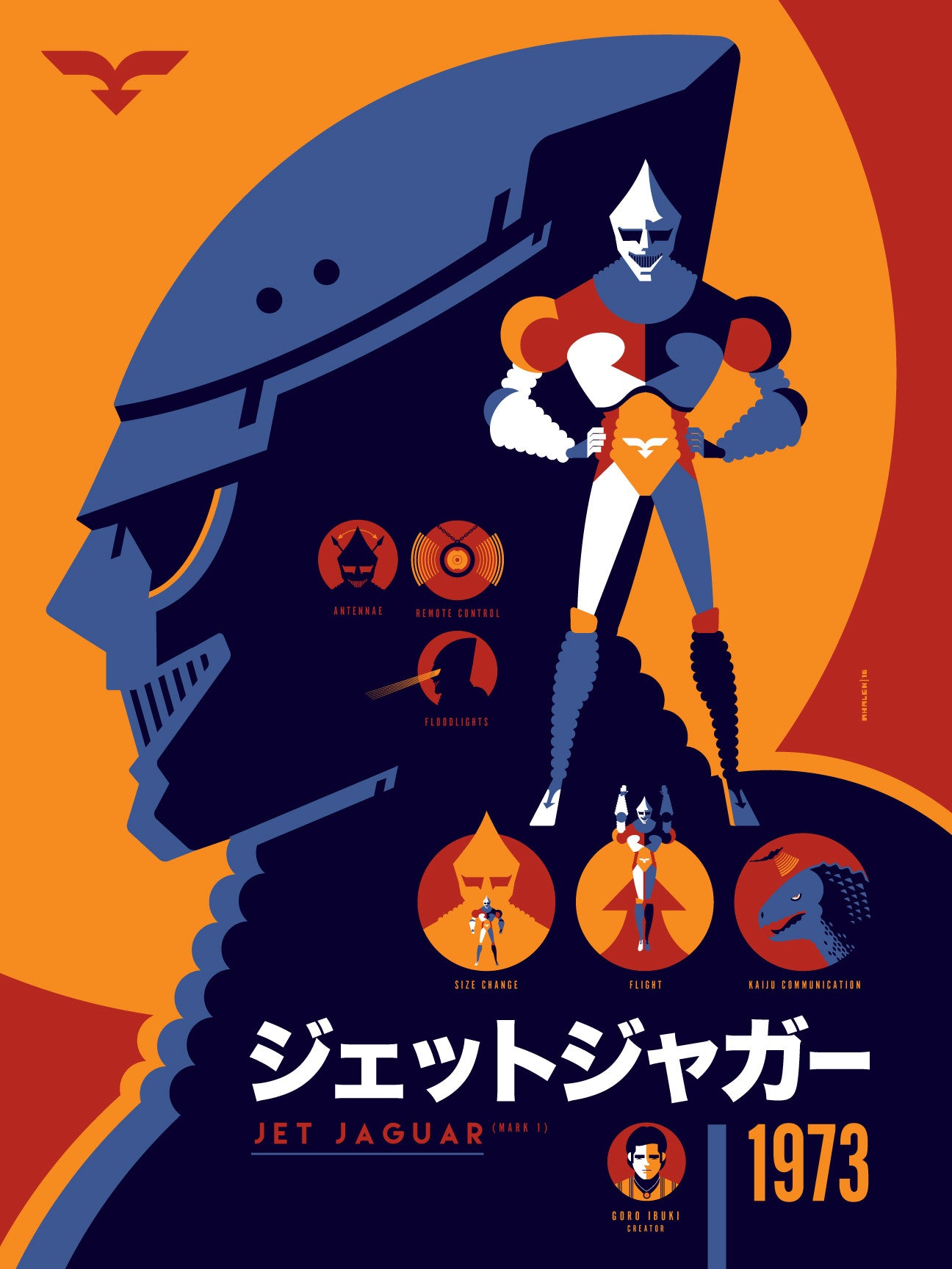 Tom Whalens stylized screen print poster features Jet Jaguar, a robot character with metallic armor and helmet, set against an orange and navy backdrop. The design includes gadgets, the year 1973, and Japanese text stating Jet Jaguar (Rank 1).