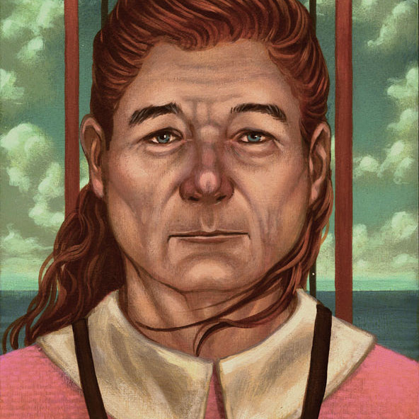 A serene painting features a person with long auburn hair wearing a pink top and white collar, capturing the tranquil style of Casey Weldon. The background reveals a window view with blue sky and fluffy clouds, emphasizing their calm yet serious expression.