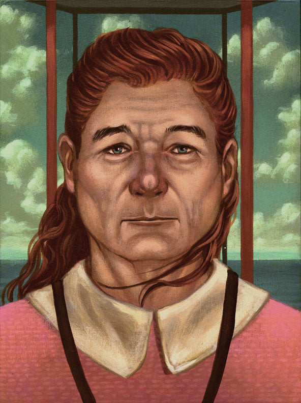 A serene painting features a person with long auburn hair wearing a pink top and white collar, capturing the tranquil style of Casey Weldon. The background reveals a window view with blue sky and fluffy clouds, emphasizing their calm yet serious expression.