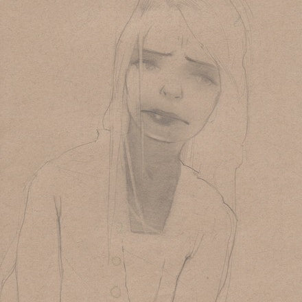 A meticulously detailed sketch of a woman with long hair in a cardigan features soft, parted lips and a gentle gaze. Reminiscent of Sam Wolfe Connellys style, the Coffee Shop piece is crafted in graphite on tan paper with fine lines and minimal shading.
