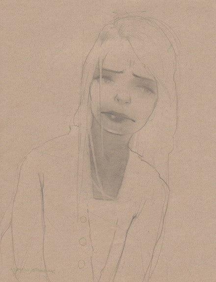 A meticulously detailed sketch of a woman with long hair in a cardigan features soft, parted lips and a gentle gaze. Reminiscent of Sam Wolfe Connellys style, the Coffee Shop piece is crafted in graphite on tan paper with fine lines and minimal shading.