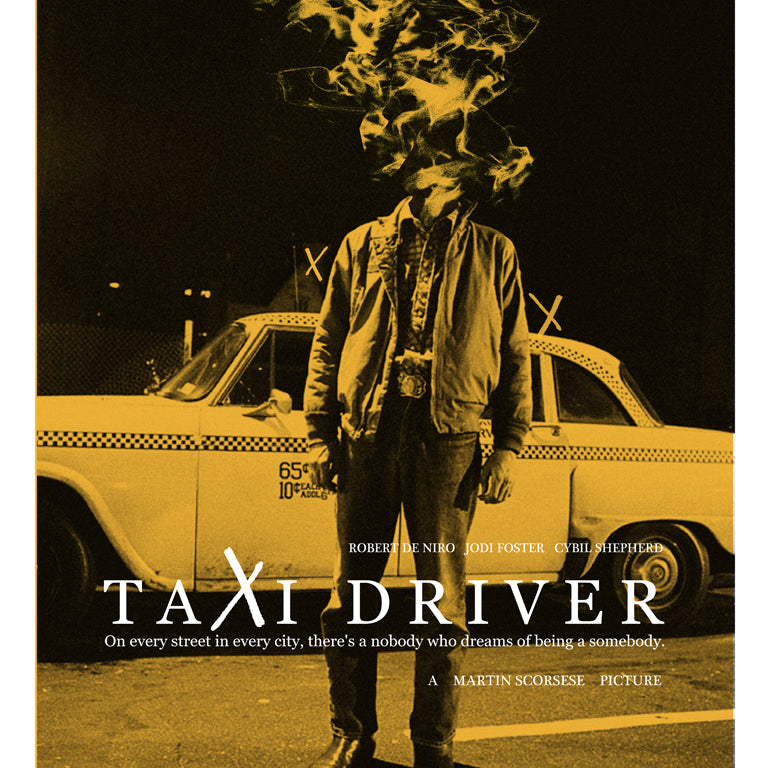 A limited edition Taxi Driver screen print by Adam Juresko depicts a man in front of a taxi, with his head engulfed in smoke and flames against a nighttime city scene. The artwork includes the films title and credits below, perfect for Martin Scorsese fans.