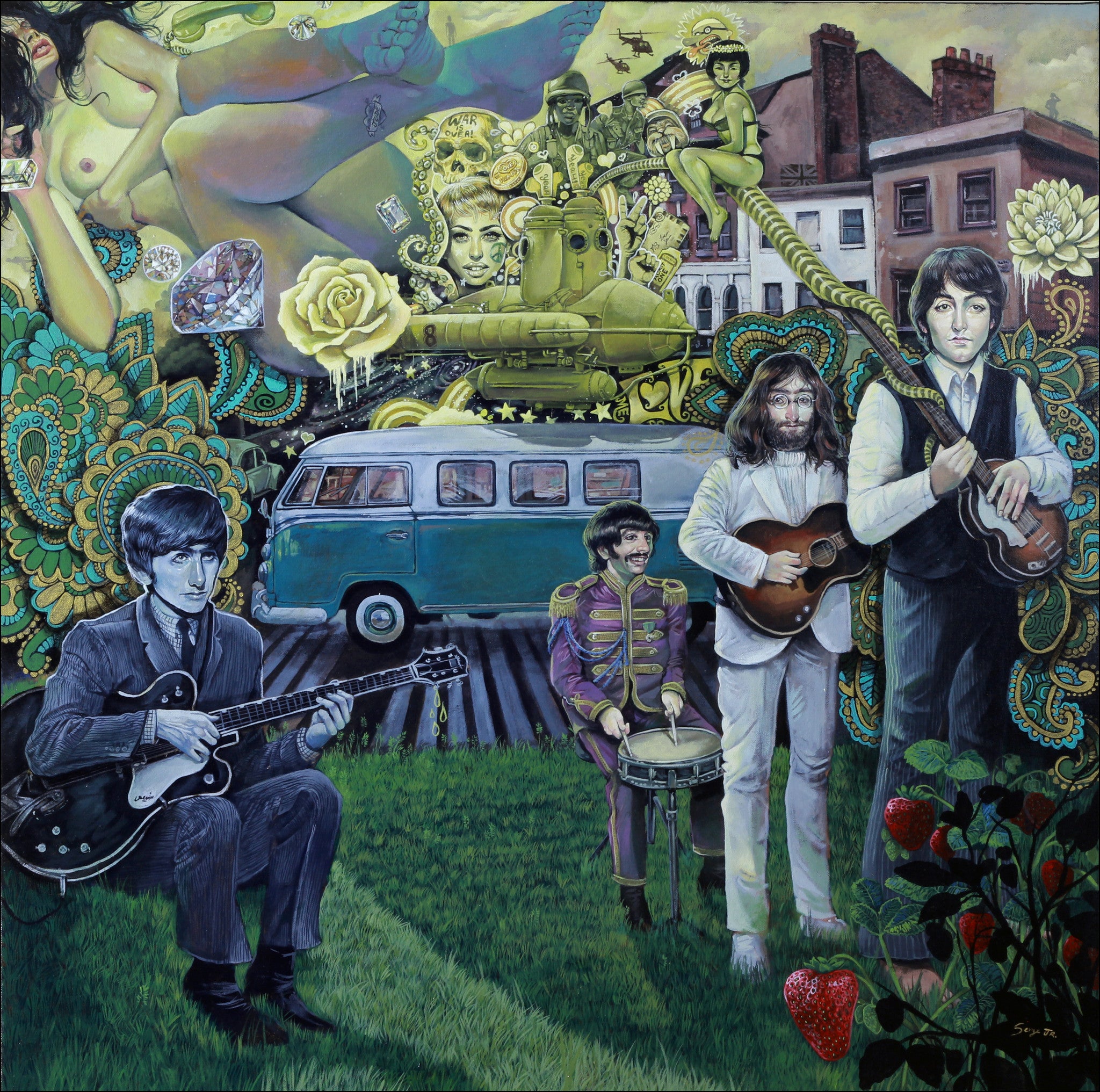 A surreal Serge Gay Jr. collage evokes Beatles-era whimsy, featuring four musicians, a vintage van, a tank, flowers, and urban architecture. This vibrant tapestry includes a foreground strawberry and encapsulates the Mystery of Love in an acrylic masterpiece.