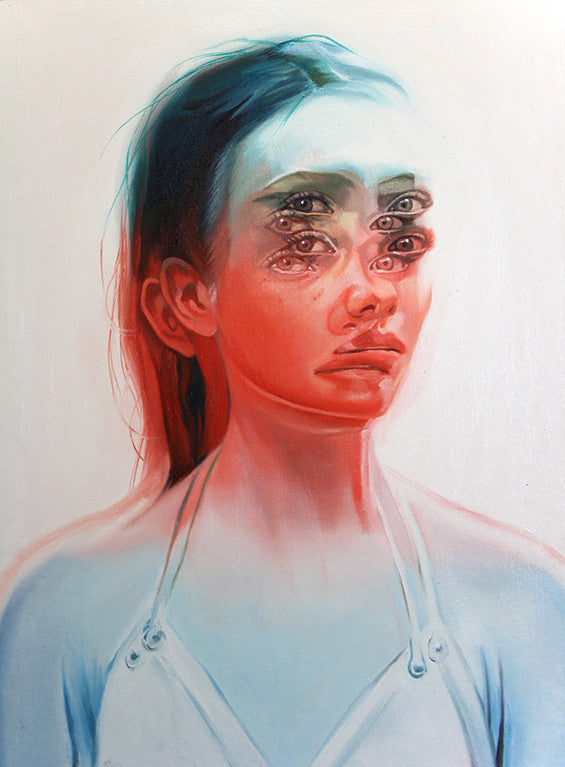 Alex Garants surreal oil on canvas depicts a woman with multiple sets of eyes and eyebrows, creating a dreamlike effect. She features long hair and is dressed in a light halter-top against a simple red and blue background.