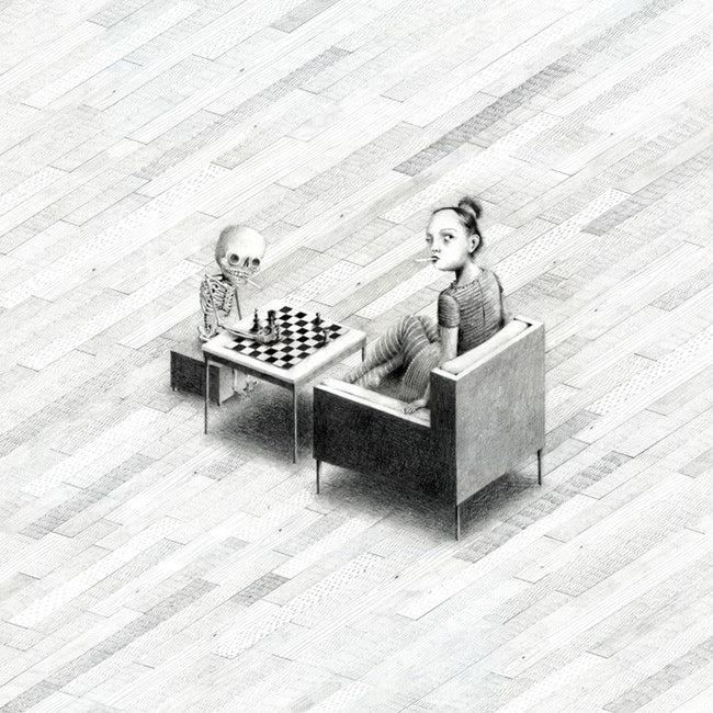 A child and a small skeleton sit facing each other in armchairs with a chessboard between them, evoking The Seventh Seal on a textured checkered floor. The childs gaze enhances the surreal scene captured by Jonas Lofgren.