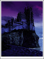 A Tim Doyle illustration features a dark castle on a rocky cliff akin to a Game of Thrones print. The skys dramatic purple and blue hues cast an eerie glow, while waves crash below, enhancing the mystical and foreboding atmosphere.