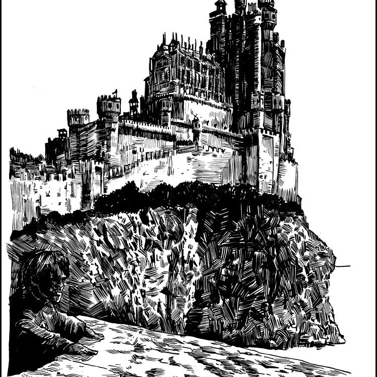 A pen and ink illustration shows the towering Red Keep on a rocky cliff, captured in dense detail by an individual in a style akin to Tim Doyles black and white work.