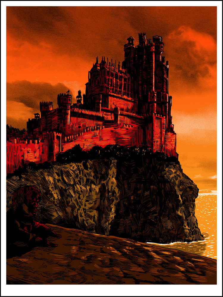 A Tim Doyle masterpiece, this intricate castle print features tall towers atop a rocky cliff against an orange-brown sky suggesting sunset or sunrise. A silhouetted figure gazes at the sea, perfect for custom framing, echoing a Game of Thrones vibe.