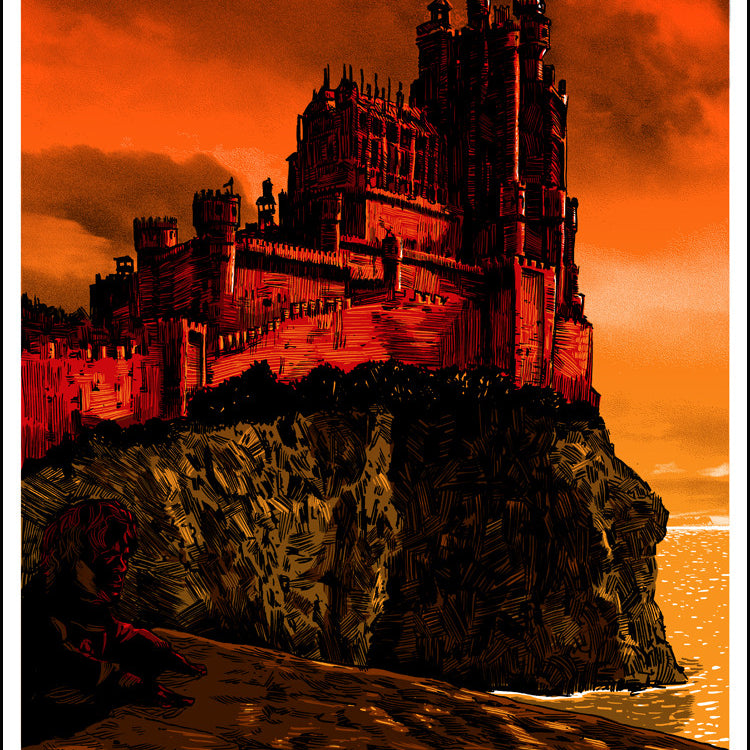 A Tim Doyle masterpiece, this intricate castle print features tall towers atop a rocky cliff against an orange-brown sky suggesting sunset or sunrise. A silhouetted figure gazes at the sea, perfect for custom framing, echoing a Game of Thrones vibe.