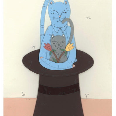 Timothy Karpinski presents two blue cats in a magicians black hat, crafted with acrylic and graphite. The larger cat holds a flower, while the smaller one is nestled inside, also with a flower. Set against a light background, this whimsical artwork is ideal for framing.