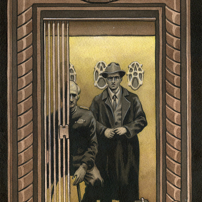 Art piece by Tom Haubrick featuring two men in an elevator: one seated in uniform, the other stands clutching a briefcase in a long coat and hat. The vintage elevator is dimly lit, exuding atmospheric charm.