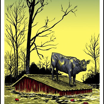 This signed and numbered screen print by Tim Doyle features a whimsical scene: a cow perched on a floating rooftop amidst tall, leafless trees against a yellow sky, with soda cans drifting below in the water.