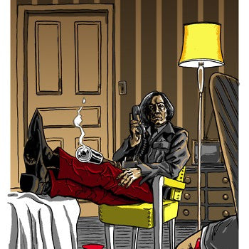 This limited edition screen print by Tim Doyle vividly depicts someone seated in a chair, legs on a bed, holding a smoking gun. They wear red pants and a dark top. A steaming cup rests on their lap, blood pools on the floor, and another person with a bloody hand appears partially in the foreground.
