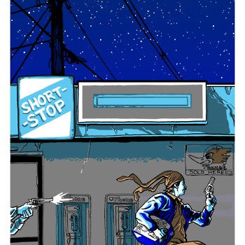 Tim Doyles limited edition screen print depicts a comic-style person running with two dogs and a cat in front of Short Stop at night, holding a phone as an arm from a car chases them under a starlit sky—reminiscent of Raising Arizonas whimsical chase.