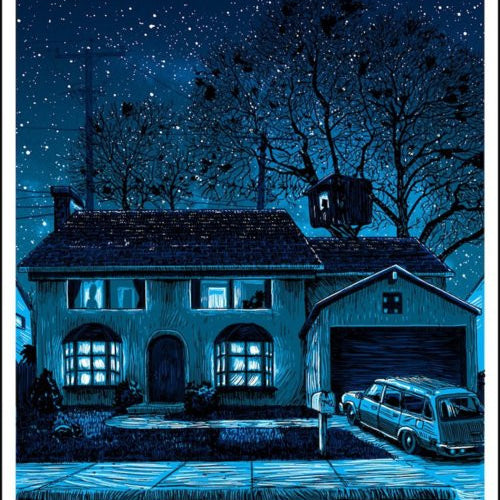 This signed and numbered screen print by Tim Doyle features a vintage-style, glow-in-the-dark illustration of a house at night under a starry sky, complete with lit windows, a tower structure, a parked car by the mailbox, leafless trees around it, and the sidewalk in the foreground.