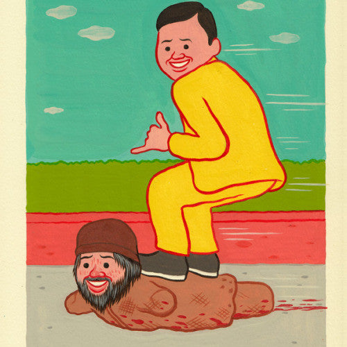 A vibrant digital print reminiscent of Joan Cornellàs style depicts a smiling man in a yellow tracksuit surfing on a large brown mass with a human head, giving a thumbs-up, set against a simple landscape of blue sky and green and red ground.
