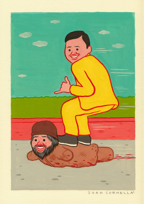 A vibrant digital print reminiscent of Joan Cornellàs style depicts a smiling man in a yellow tracksuit surfing on a large brown mass with a human head, giving a thumbs-up, set against a simple landscape of blue sky and green and red ground.