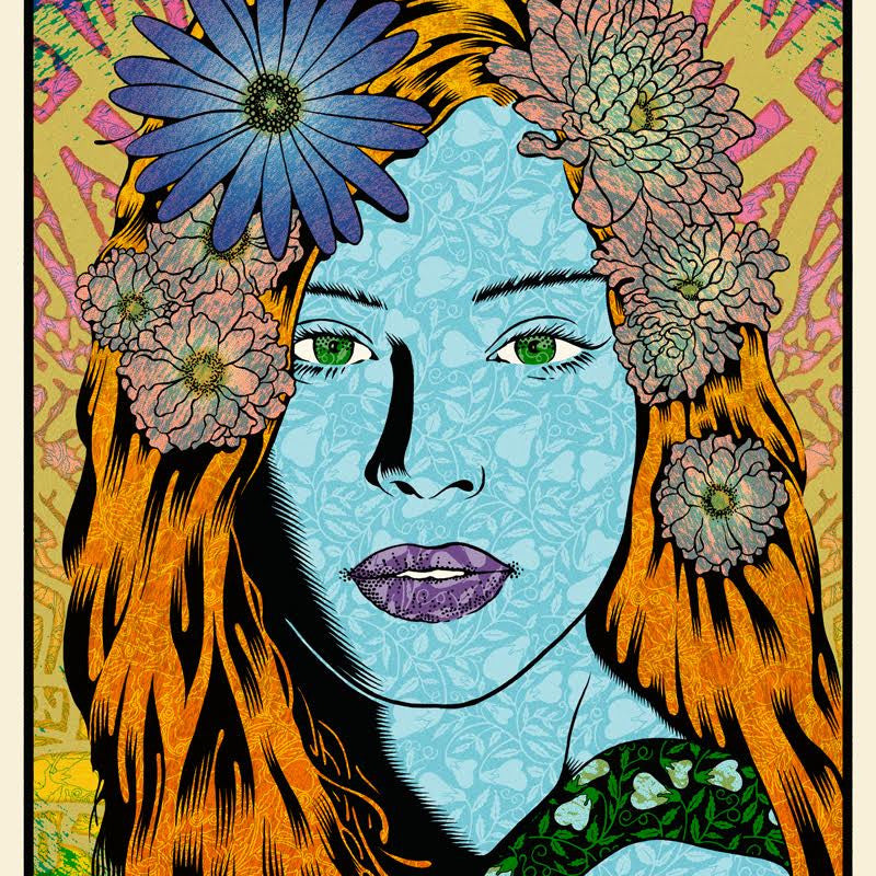 A vibrant Chuck Sperry pop art features a woman with vivid orange hair, blue skin, green eyes, and purple lips. Her hair is adorned with a blue daisy and pink chrysanthemums against an abstract background echoing Sperrys screen-print style in limited edition allure.