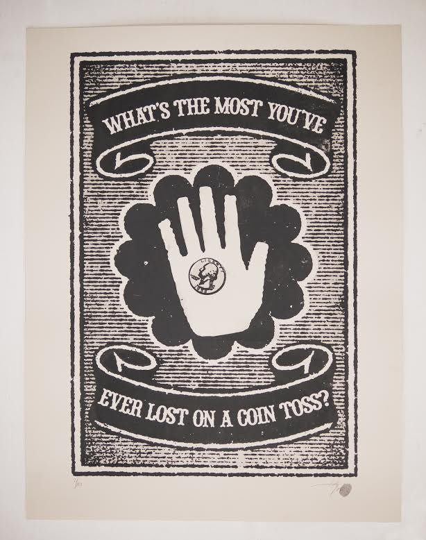 A Lil Tuffy-style black and white illustration shows a stylized hand holding a coin, surrounded by the text Whats the most youve ever lost on a coin toss? The design echoes O Coen Where Art Thou, featuring decorative swirls and a bold border.