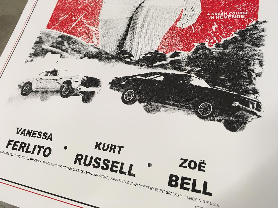 A stylized vintage movie poster by Matt Dye shows two cars racing side by side, framed by a womans legs and a floating title. It includes actor names Vanessa Ferlito, Kurt Russell, and Zoë Bell. This Death Proof screenprint delivers classic Quentin vs Coen vibes with its production details.