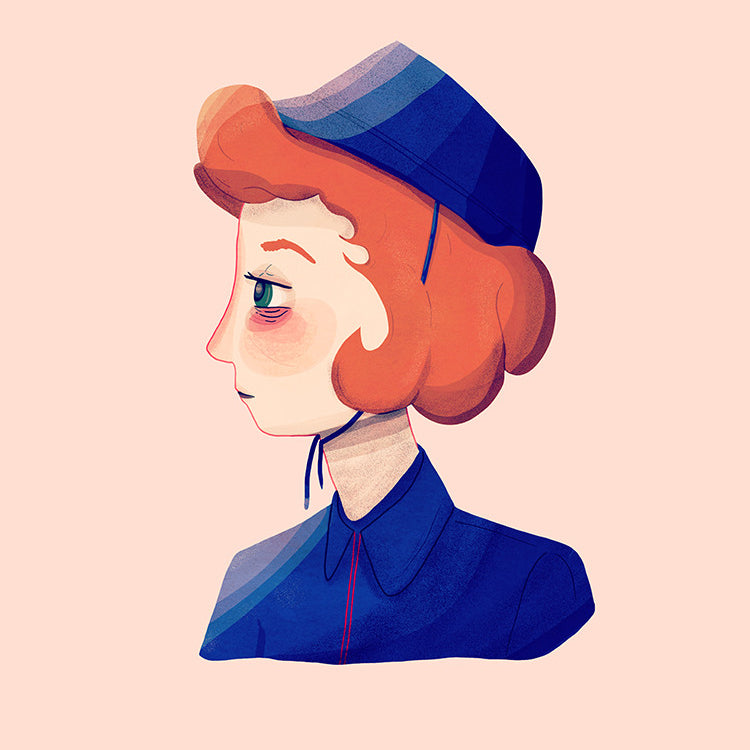 This whimsical illustration by Nan Lawson features a person in profile with red hair, donning a dark blue hat and matching outfit against a pale background. Its available as an 8 x 10 archival pigment print in a limited edition.