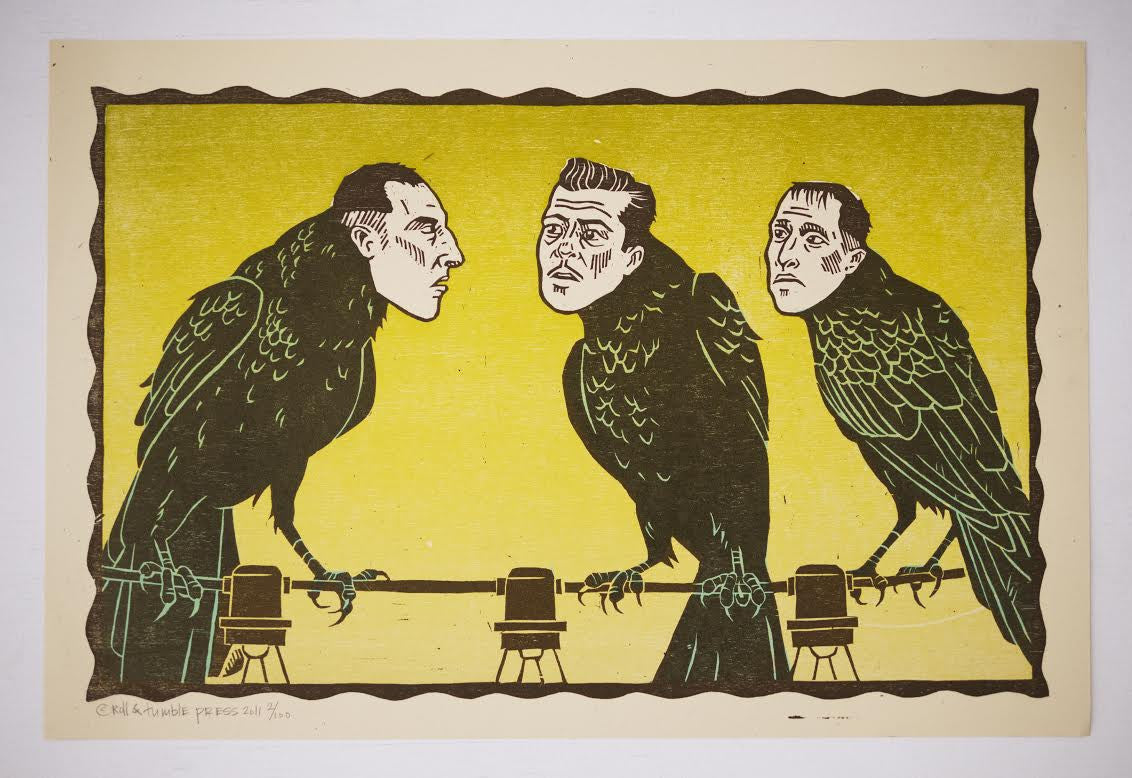 Three surreal birds with human faces perch on a wire against yellow, each with distinct expressions, detailed feathers, and talons. This whimsical scene by Roll & Tumble captures the charm of an Ill Fly Away theme.