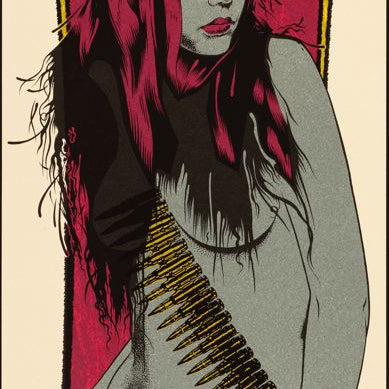 The Chuck Sperry-style stylized poster on archival paper showcases a woman with military accessories and starred hat, her long hair flowing, a bullet belt across her shoulder against bold red and purple graphics, promoting an eco-friendly Prodigy concert.