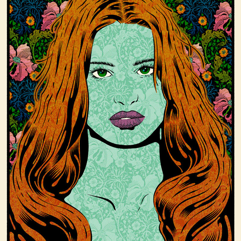 A vibrant artwork of a woman with long, wavy orange hair and green skin adorned with floral patterns in Chuck Sperrys style. The background is filled with vivid flowers, creating a striking tapestry effect similar to a Helikon screen print.
