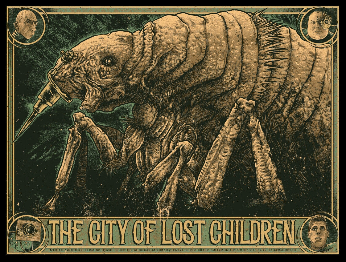 Godmachines illustrated screen print poster for The City of Lost Children features a large, insect-like creature with mechanical elements. Character portraits in circular frames occupy each corner, with the bold title at the bottom, all set against a dark, muted palette.
