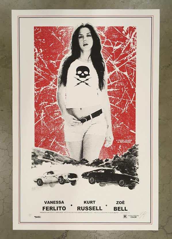 A screenprint by Matt Dye features a woman in a white tank top with a skull and crossbones on a vivid red abstract backdrop. Below, two cars confront each other, highlighted by the names Vanessa Ferlito, Kurt Russell, and Zoë Bell.