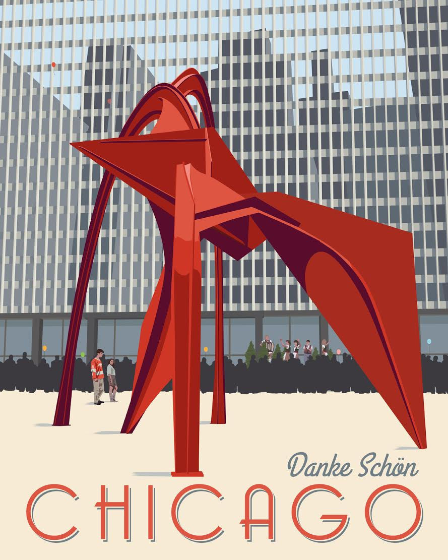 This exclusive giclee print by Steve Thomas features Alexander Calders red Flamingo sculpture in Chicago, set against a large office building backdrop with stylized Chicago lettering at the bottom—limited edition of 40.