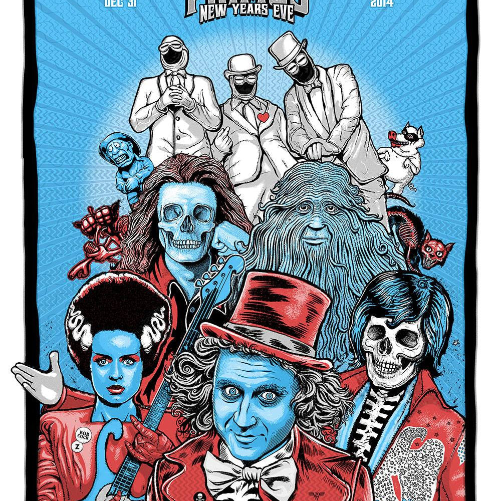 Zoltrons illustrated poster for the Primus New Years Eve Supersonic Invitational depicts band members as a blue conductor, skeletons, and shrouded figures in colorful surrealism. The event took place on Dec 31, 2014, at The Fox, Oakland.
