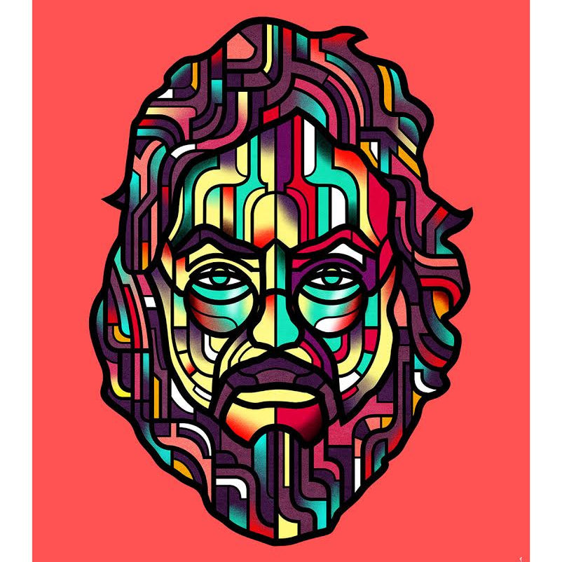 Abstract portrait of a bearded man featuring Van Orton Designs multicolored geometric patterns in red, yellow, blue, and black on a vibrant red background. This fine art giclee embodies the dynamic essence of pop culture.